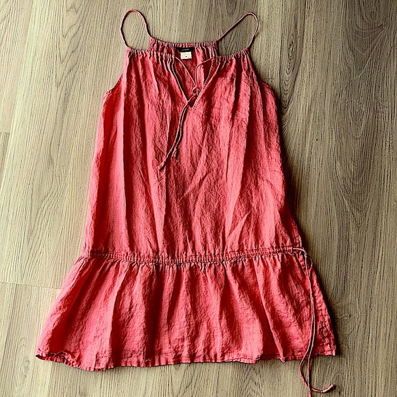J Crew Linen Spaghetti Strap Casual Dress M Coral Ruffle Summer Casual Feminine - Picture 5 of 10
